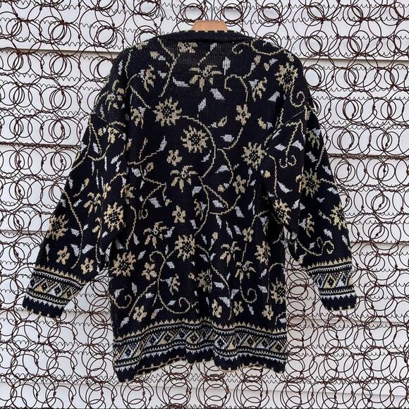 Vintage 90s Dana Scott black gold metallic knit floral vine sweater LARGE - Picture 3 of 5
